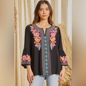 Savanna Jane Black Top with Colorful Floral Embroidery